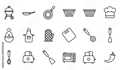 Editable Thin Line Kitchen Cooking Icon Set Vector BBQ Oven and Utensil Outline Icons Isolated on White