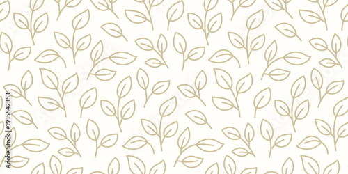 Seamless leaf pattern with hand drawn botanical sprigs and foliage line art. Minimalist organic background for wallpaper, fabric, stationery. Neutral earth tone branches on white background.