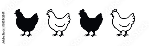 Chicken icon set, simple farm animal hen silhouettes and outlines isolated on white background.