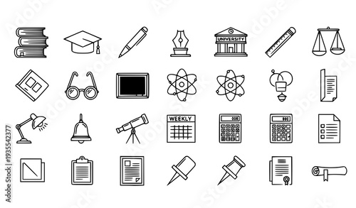 Editable School and Science Thin Line Icons Vector University Book and Study Outline Pack