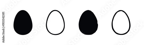 Egg icon set, simple oval food item silhouettes and outlines isolated on white background.