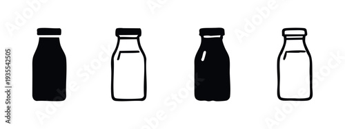 Milk Bottle Icon Set. Black and white hand drawn style beverage symbols.