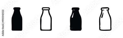 Assorted Milk Bottle Icon Set. Black and white hand drawn style beverage symbols.