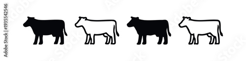 Simple Black and White Cow Silhouettes and Outline Icons on Isolated Background