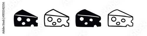 Assorted Cheese Wedge Icon Set. Black and white hand drawn style dairy food symbols.