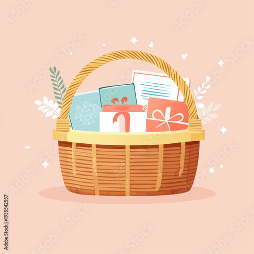 A charming illustration of a gift basket overflowing with books and festive presents.