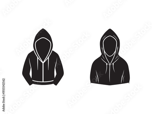 Two black hooded figures in different poses on white background  isolated graphic illustrations of faceless people wearing hoodies