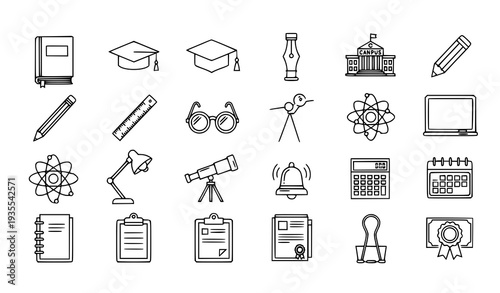 Minimal Academic Thin Line Icon Collection Vector School Study and Science Outline Set