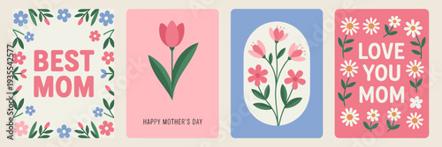 Mothers Day greeting cards set with flowers and text