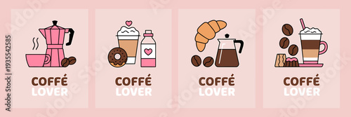 Cute coffee lover flat design icons