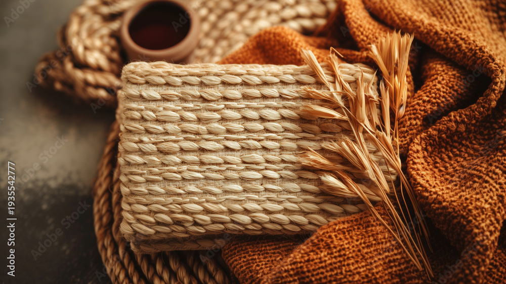 Obraz premium Woven straw texture with warm tones and natural elements