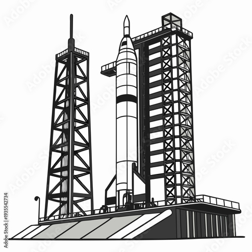 Black and white of rocket on launchpad with towers