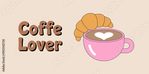 Cute coffee cup with croissant and heart design on top