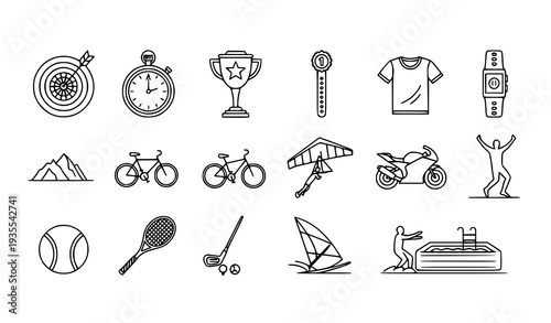 Editable Sports Performance Thin Line Icons Vector Target Bike Trophy and Water Sport Outline Pack