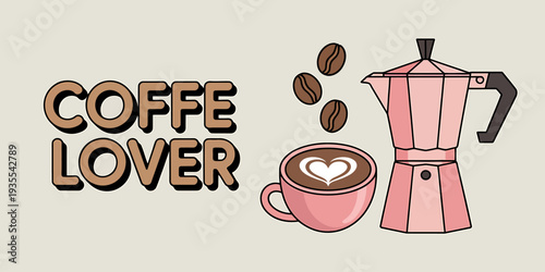 Coffe lover with coffee maker and cup