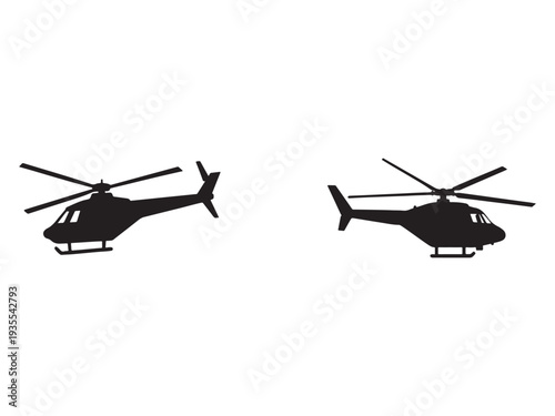 Two black helicopter silhouettes flying side by side in the air with rotors  aircraft  helicopter