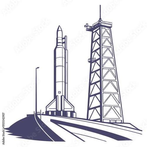 Rocket on launchpad with service tower space launch site 2