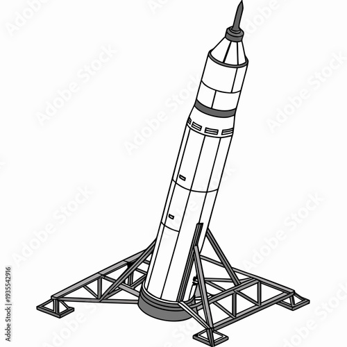 Black and white of a rocket on a launchpad spacecraft