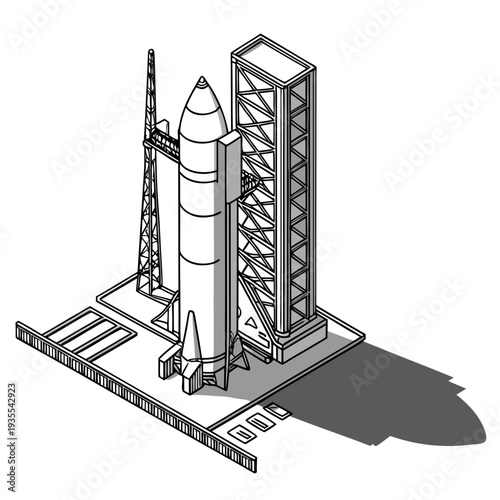 Isometric view of a rocket on a launchpad with service tower