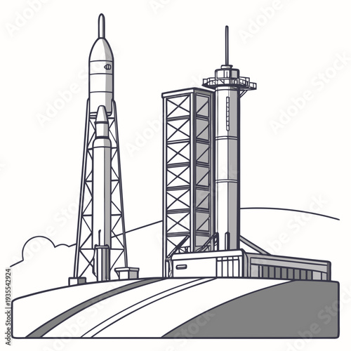 Grayscale of rocket on launchpad with tower monochrome