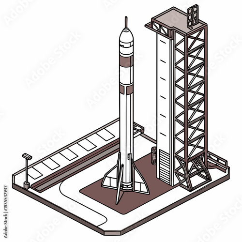 Isometric view of rocket on launchpad with service tower