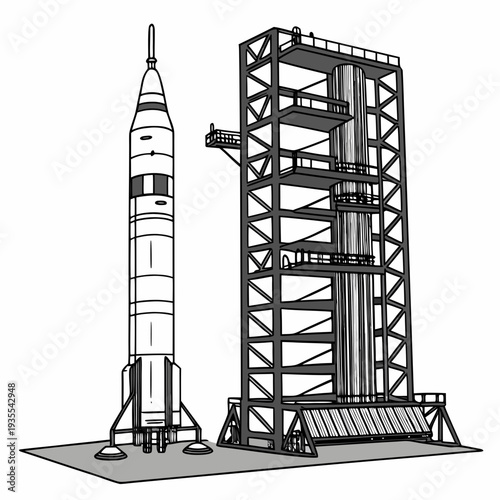 Rocket on launchpad with service tower spacecraft launch site 1