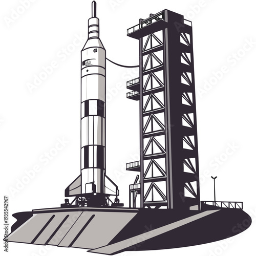Monochrome of a rocket on a launchpad with service tower