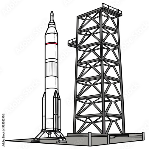 Rocket on launchpad with service tower spacecraft launch site 3