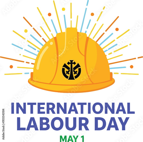 International Labour Day celebration illustration featuring a yellow hard hat and festive background elements on May 1st.