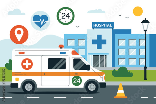 Ambulance in front of hospital building with medical icons around  healthcare concept