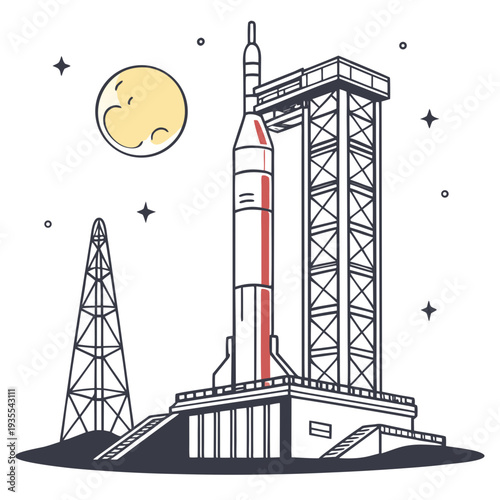 Vertical of a rocket on a launchpad space moon stars