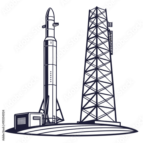 Navy blue rocket on launchpad with tower white background