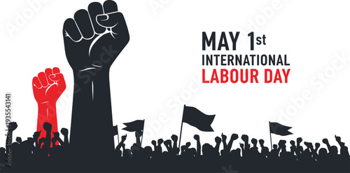 International Labour Day illustration featuring raised fists and a protesting crowd silhouette on May 1st