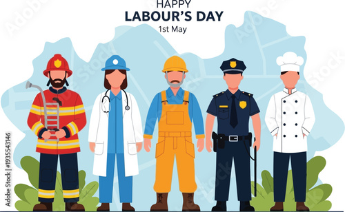 Happy Labour's Day Illustration Featuring Diverse Essential Workers Including Firefighter, Doctor, Construction Worker, Police Officer, and Chef