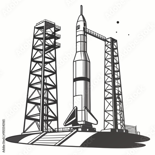 Black and white of a rocket on a launchpad space mission