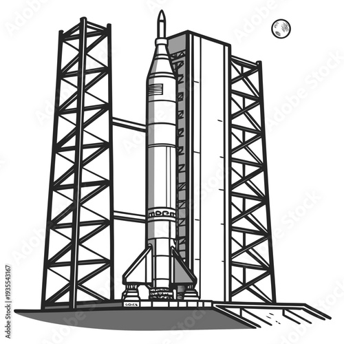 Rocket on launchpad with towers and moon space