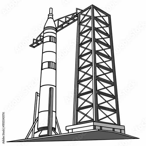 Of a rocket on a launchpad with a service tower space