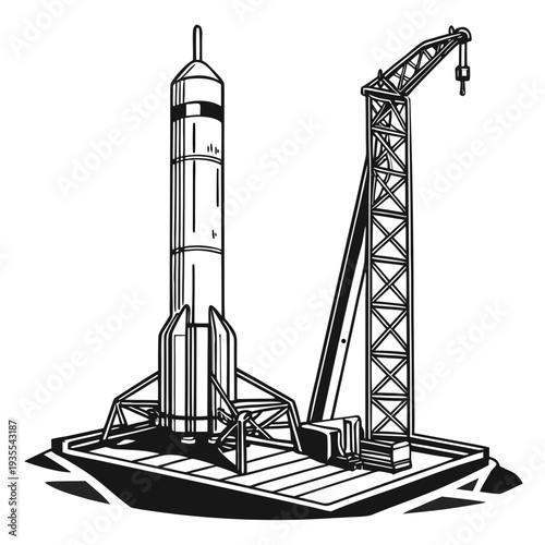 Black and white of a rocket on a launchpad with a crane