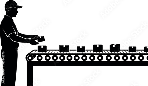 Warehouse worker silhouette placing box on conveyor belt for shipping and logistics.