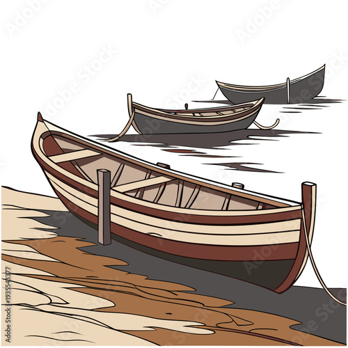 Wooden boats on shore and in water rowboats beach