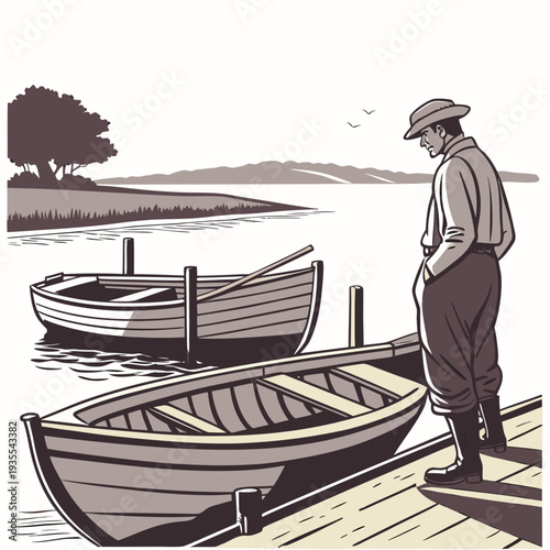 Man standing on dock with rowboats water tree