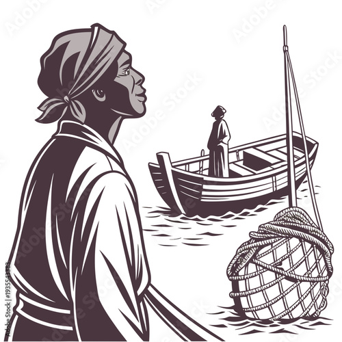 Villager watching boat with fishing net in water