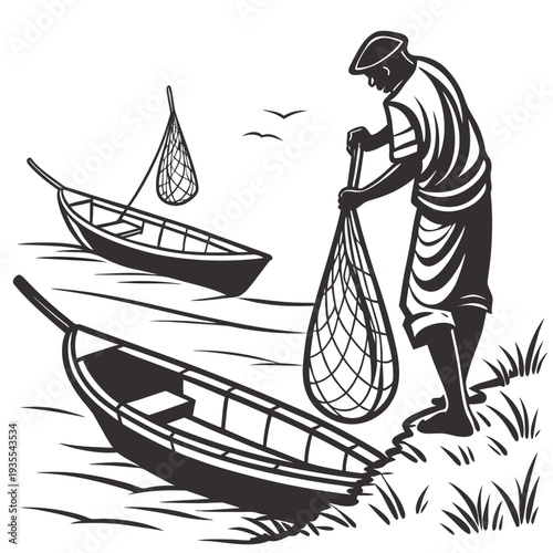 Black and white of a man standing by a boat with a fishing net