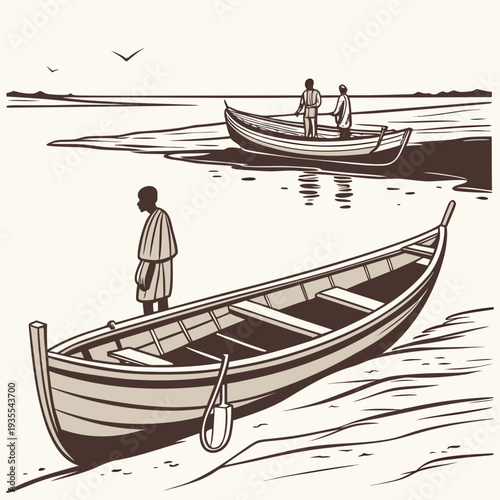Sepia of men standing in traditional narrow fishing boats on a shore