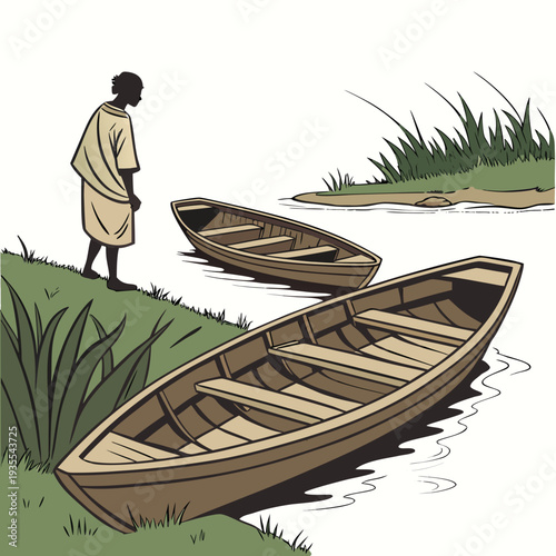 Man standing by river with two wooden boats grass shore