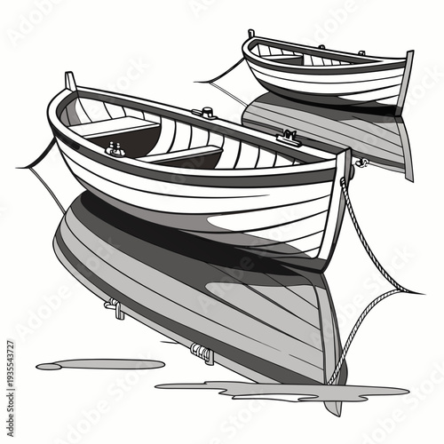 Of wooden boat on water with reflection aligned