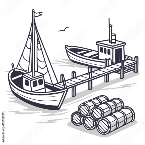 Monochrome of sailboat docked at pier with barrels