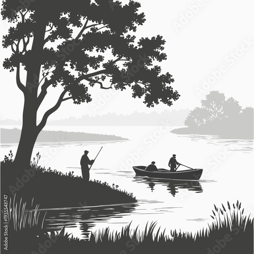 Grayscale of people fishing on a rural riverbank