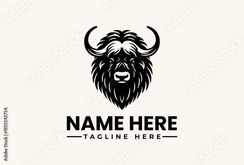 A black and white illustration of a bison's head with curved horns and a placeholder text for a logo or brand name on a beige background.
