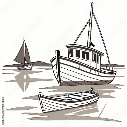 Of boats on water with sailboat in background ocean